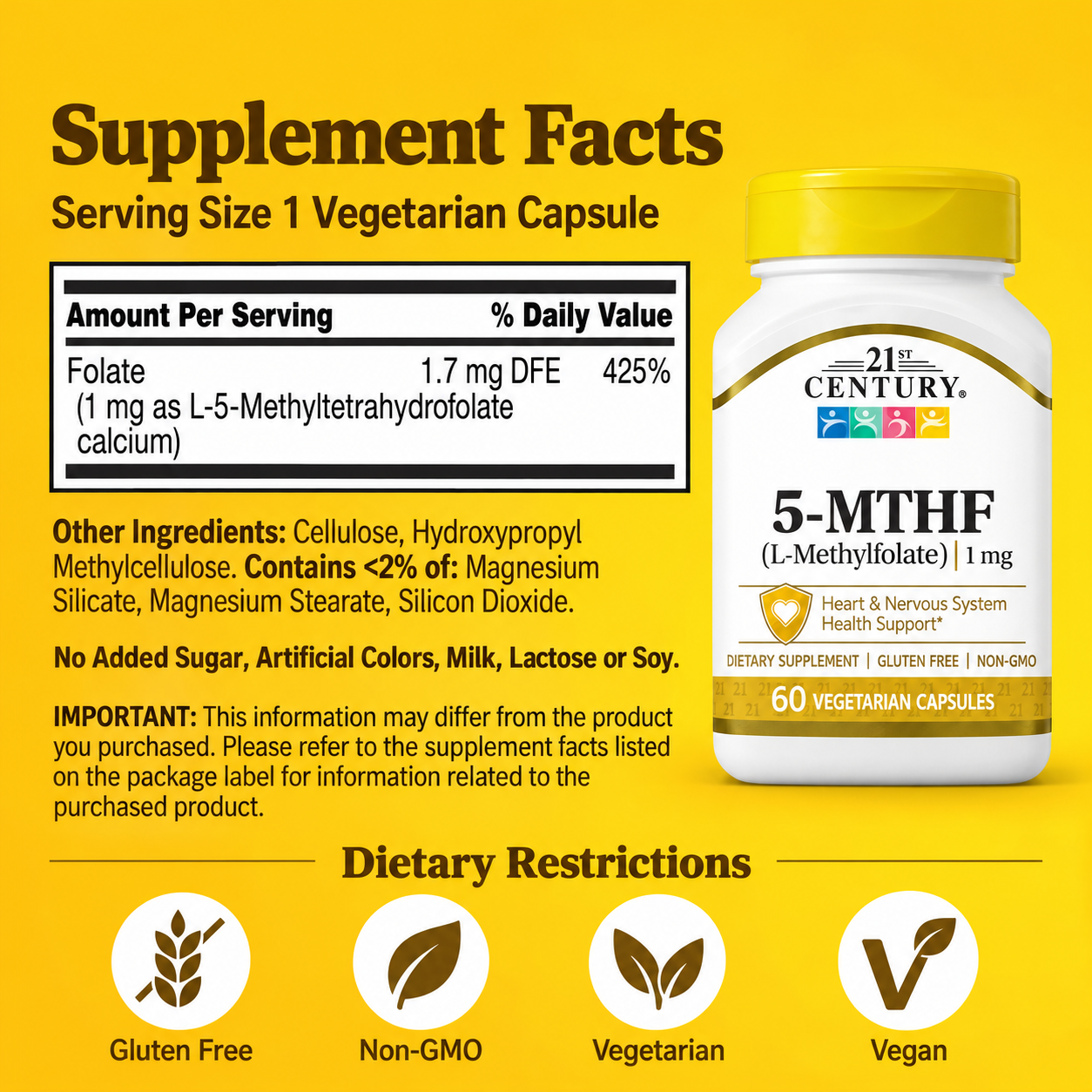 Съдържание на:21st Century 5-MTHF L-Methylfolate 1mg 